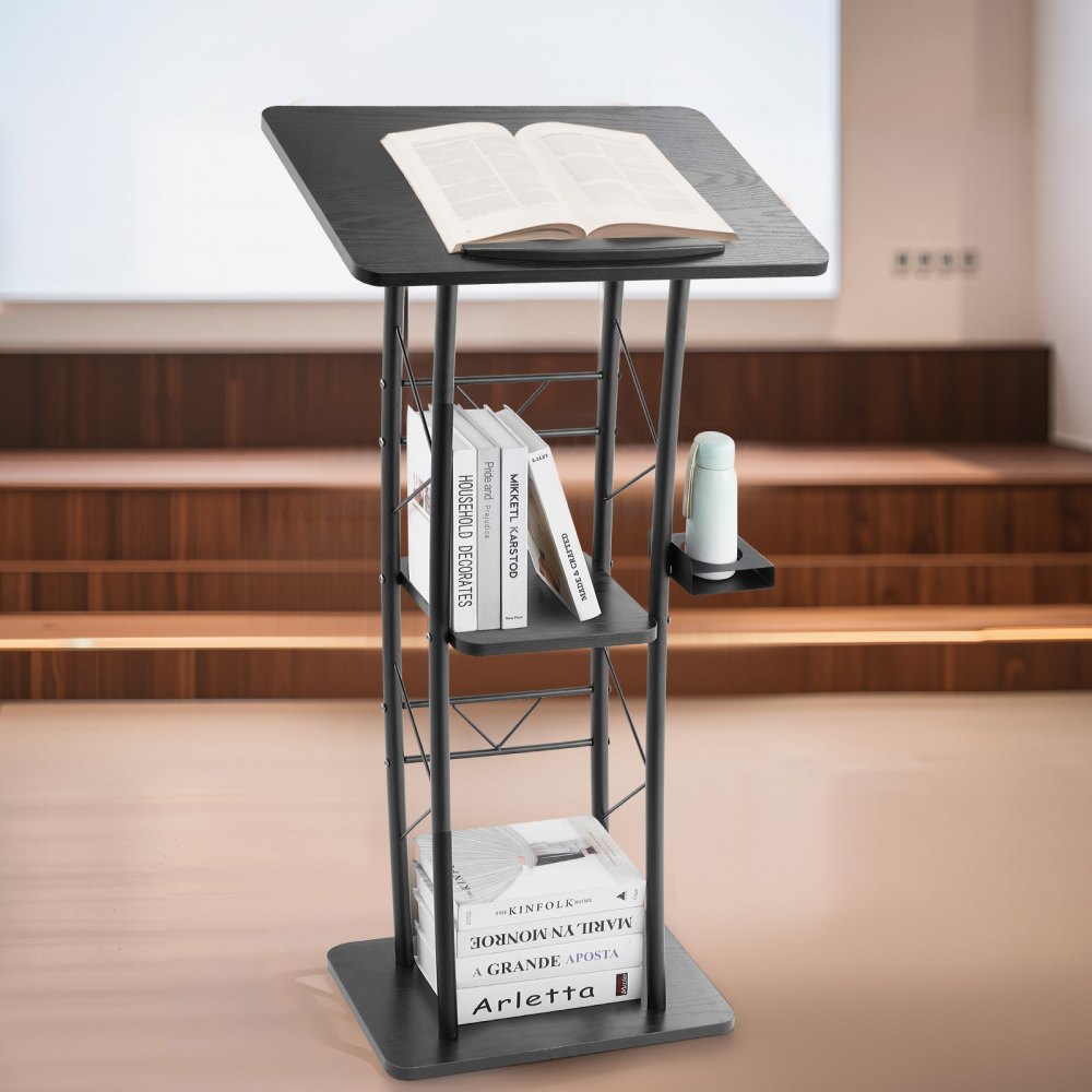 VEVOR Podium Stand, 47-Inch Metal Lectern, Curved Standing Podium with Wide Reading Surface, Open Storage Compartment, Book Stopper, Cup Holder, for Classroom, Wedding, Conference, Speech, and Concert