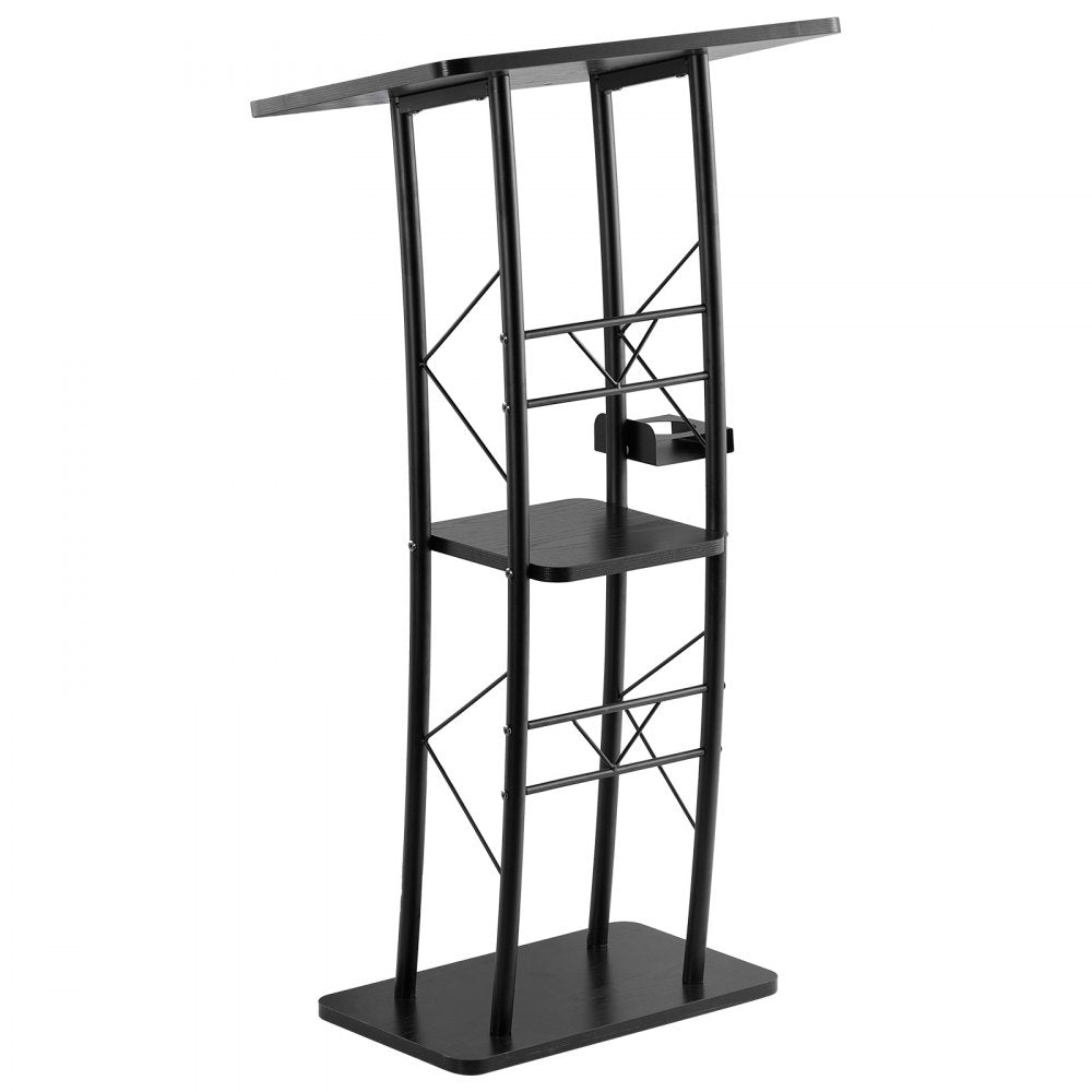 VEVOR Podium Stand, 47-Inch Metal Lectern, Curved Standing Podium with Wide Reading Surface, Open Storage Compartment, Book Stopper, Cup Holder, for Classroom, Wedding, Conference, Speech, and Concert