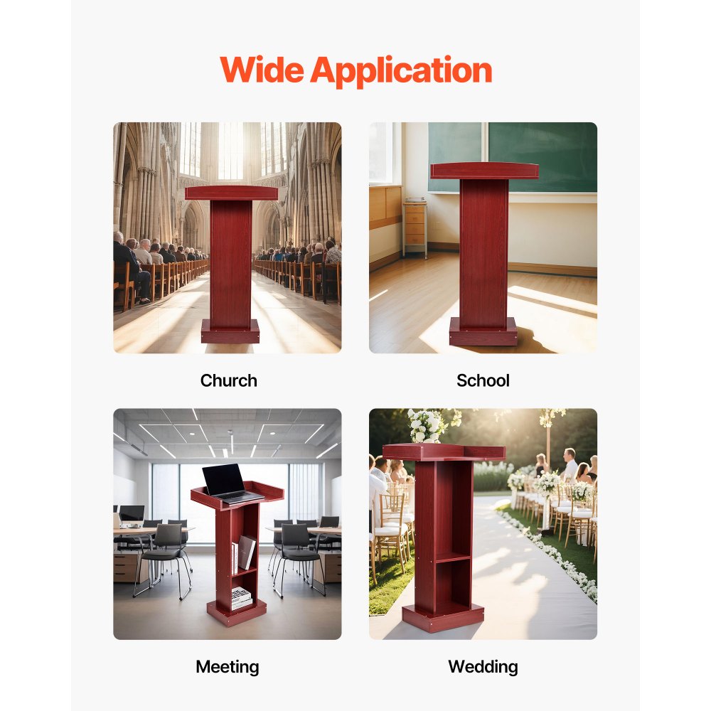 VEVOR Podium Stand, 41-Inch Wooden Lectern, Laptop Desk with Wide Reading Surface and Storage Shelf, Edge Stopper, Elegant Design, Flool-Standing, for Classroom, Conference, Church, and Presentation