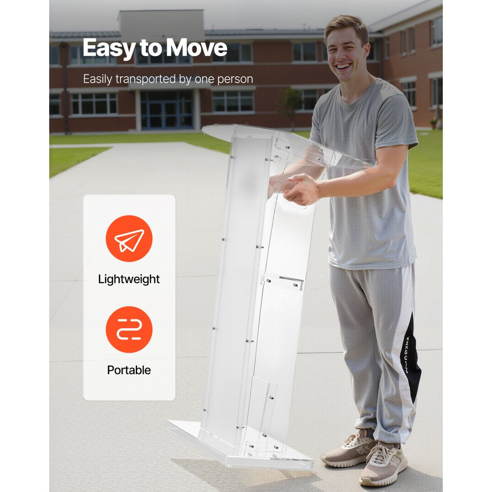 VEVOR Podium Stand, 43-Inch Acrylic Lectern, Portable Laptop Desk with Wide Reading Surface and Storage Shelf, Book Stopper, Floor-Standing, for Classroom, Wedding, Conference, Lecture and Concert
