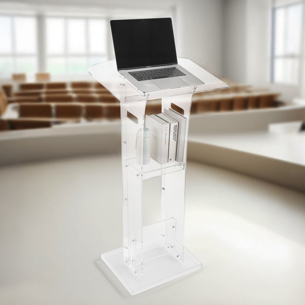 VEVOR Podium Stand, 43-Inch Acrylic Lectern, Portable Laptop Desk with Wide Reading Surface and Storage Shelf, Book Stopper, Floor-Standing, for Classroom, Wedding, Conference, Lecture and Concert