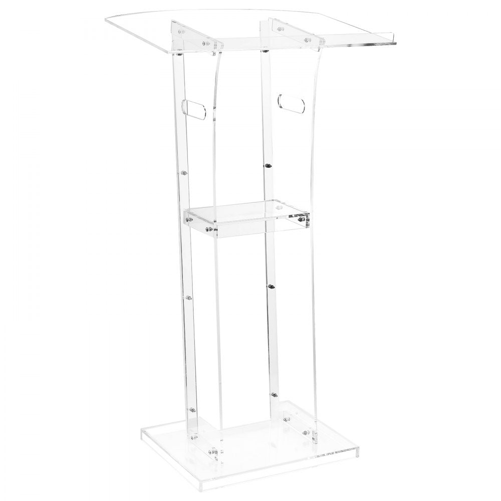VEVOR Podium Stand, 43-Inch Acrylic Lectern, Portable Laptop Desk with Wide Reading Surface and Storage Shelf, Book Stopper, Floor-Standing, for Classroom, Wedding, Conference, Lecture and Concert
