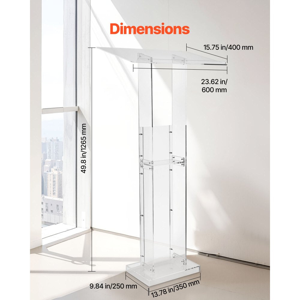 VEVOR Podium Stand, 50-Inch Acrylic Lectern, Portable Laptop Desk with Wide Reading Surface and Storage Shelf, Book Stopper, Floor-Standing, for Classroom, Wedding, Conference, Lecture and Concert