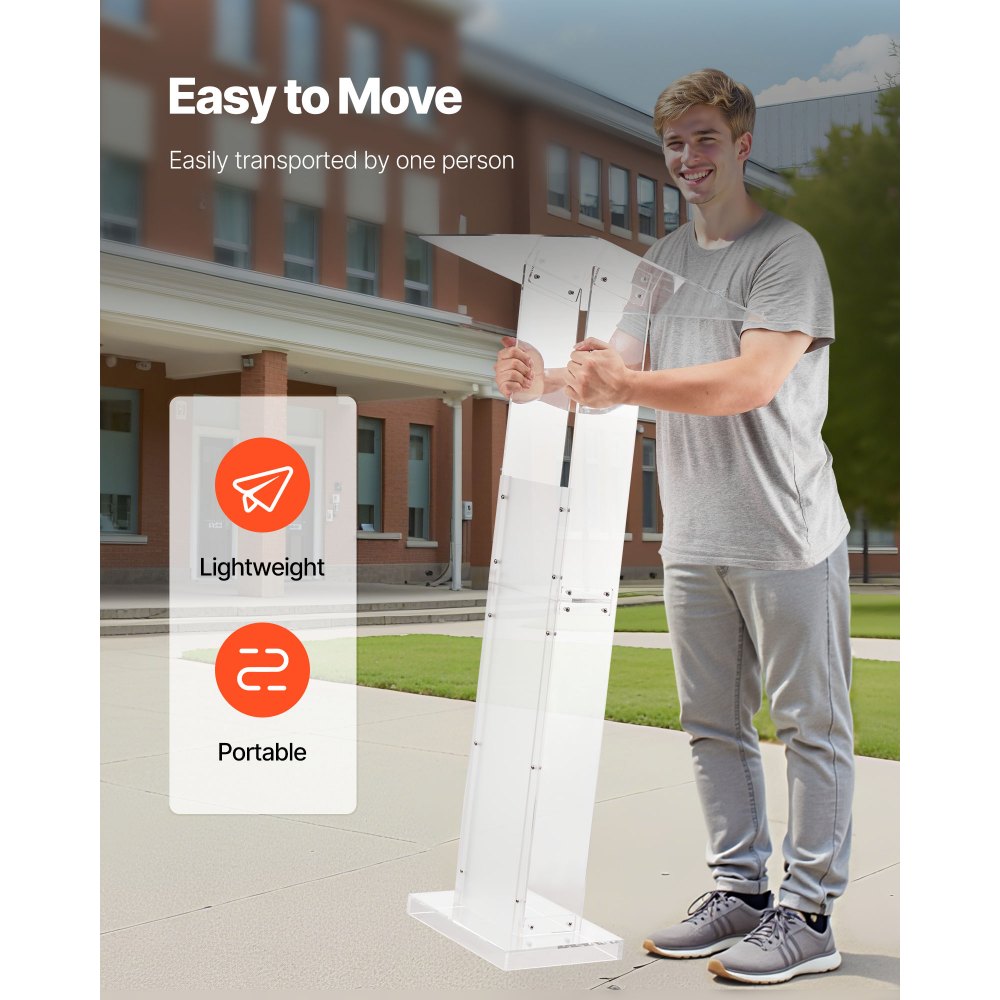 VEVOR Podium Stand, 50-Inch Acrylic Lectern, Portable Laptop Desk with Wide Reading Surface and Storage Shelf, Book Stopper, Floor-Standing, for Classroom, Wedding, Conference, Lecture and Concert