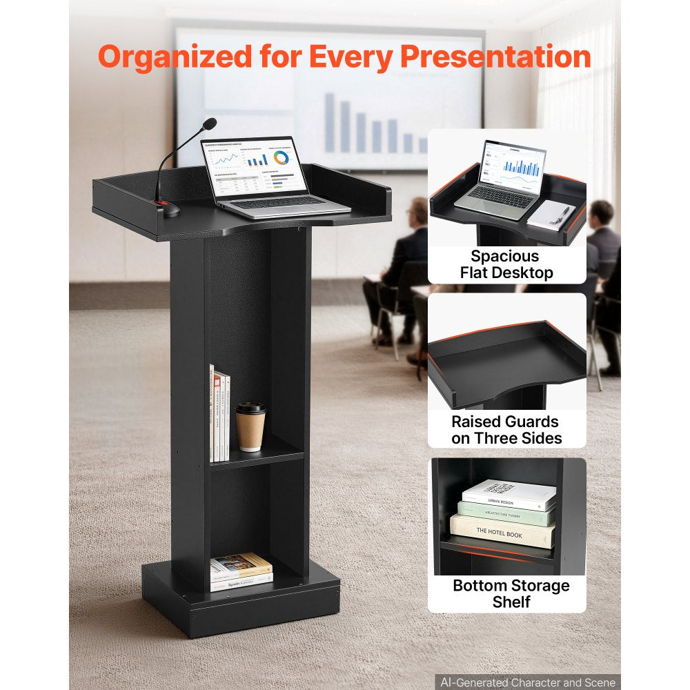 VEVOR Podium Stand, 42 inch Wooden Lectern Laptop Desk with Storage Shelf, for Schools, Churches and Events, Presentation Lectern Stand with Storage Shelf, Three-Sided Panels, Fixed Base, Book Stop