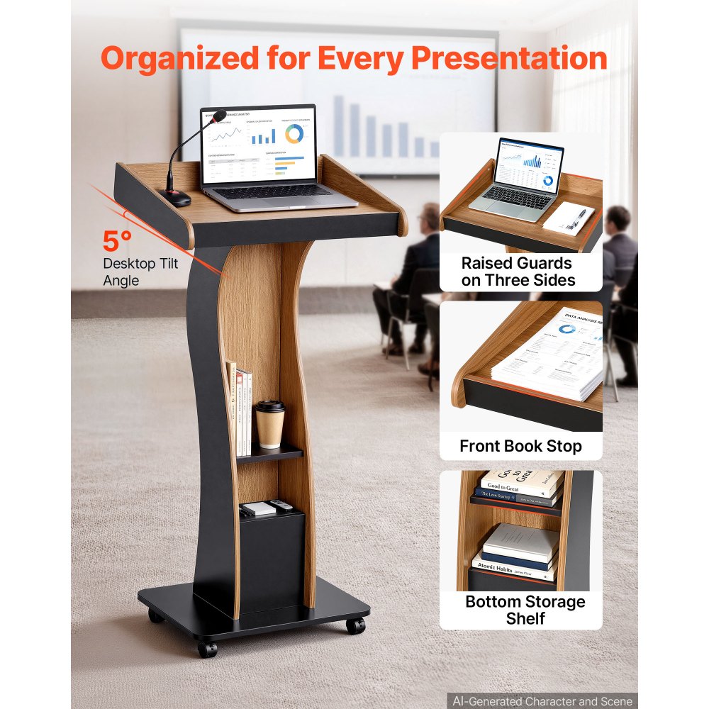 VEVOR Podium Stand, 47 inch Wooden Lectern Mobile Laptop Desk Storage Shelf, for Schools, Churches and Events, Portable Presentation Lectern Stand with Storage Shelf, Three-Sided Panels, and Book Stop