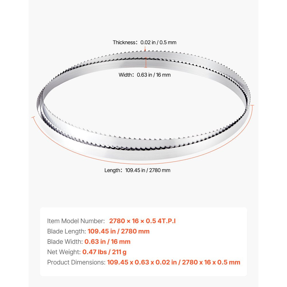 VEVOR Bandsaw Blade, 109.45 Inch Length, 4 TPI Band Saw Blade with 18 HRC Hardened Sharp Teeth, High-Strength Carbon Steel, 0.6 Inch Width, Replacement for Major Woodworking Band Saw Brands, 1 Pack