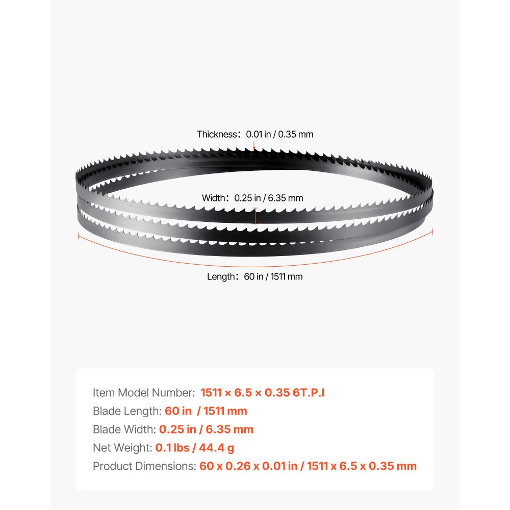 VEVOR Bandsaw Blade, 60 Inch Length, 6 TPI Band Saw Blade with 15 HRC Hardened Sharp Teeth, SK5 High-Strength Carbon Steel, 0.25 Inch Width, Replacement for Major Woodworking Band Saw Brands, 1 Pack