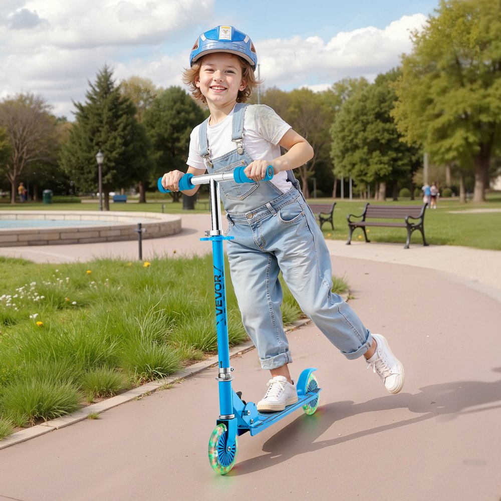 VEVOR Kick Scooter for Kids Ages 3+, 2-Wheel Toddler Scooter with Light-Up Wheels, Adjustable Height Handlebar, Wide Anti-Slip Deck, Foldable Lightweight Frame for Boys & Girls up to 110 lbs, Blue