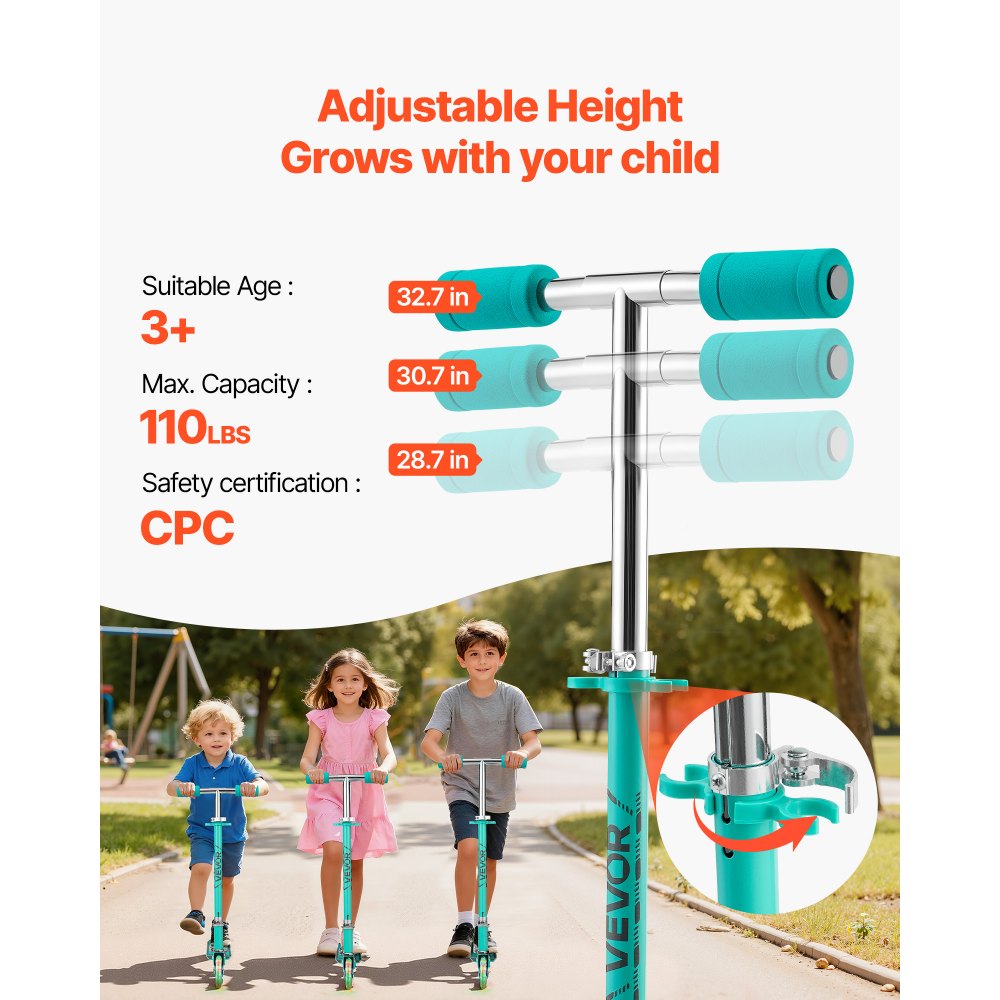 VEVOR Kick Scooter for Kids Ages 3+, 2-Wheel Toddler Scooter with Light-Up Wheels, Adjustable Height Handlebar, Wide Anti-Slip Deck, Foldable Lightweight Frame for Boys & Girls up to 110 lbs, Green