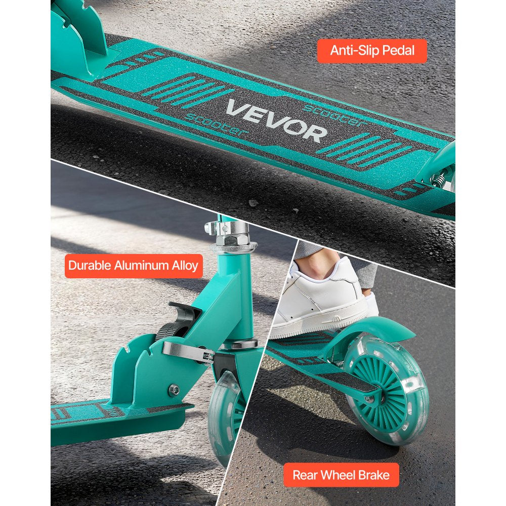 VEVOR Kick Scooter for Kids Ages 3+, 2-Wheel Toddler Scooter with Light-Up Wheels, Adjustable Height Handlebar, Wide Anti-Slip Deck, Foldable Lightweight Frame for Boys & Girls up to 110 lbs, Green