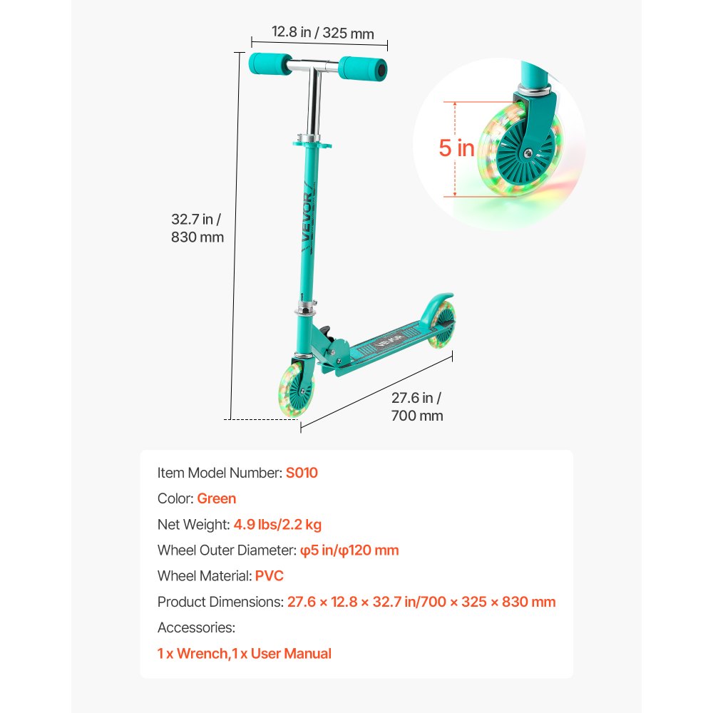 VEVOR Kick Scooter for Kids Ages 3+, 2-Wheel Toddler Scooter with Light-Up Wheels, Adjustable Height Handlebar, Wide Anti-Slip Deck, Foldable Lightweight Frame for Boys & Girls up to 110 lbs, Green