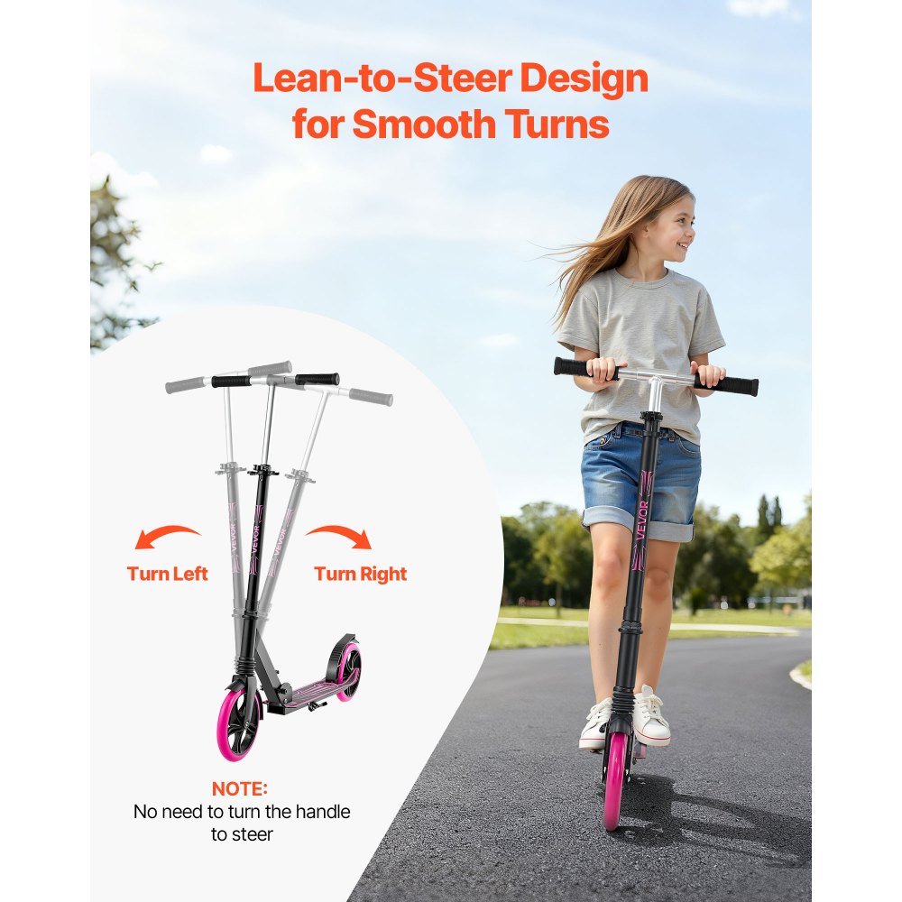 VEVOR Kick Scooter for Kids Ages 8+, Teens & Adults, 2-Wheel Toddler Scooter with Adjustable Height Handlebar, Wide Anti-Slip Deck, Foldable Lightweight Frame for Boys & Girls up to 220 lbs, Pink