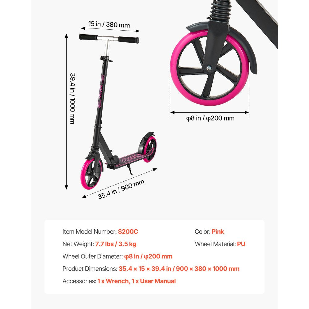VEVOR Kick Scooter for Kids Ages 8+, Teens & Adults, 2-Wheel Toddler Scooter with Adjustable Height Handlebar, Wide Anti-Slip Deck, Foldable Lightweight Frame for Boys & Girls up to 220 lbs, Pink