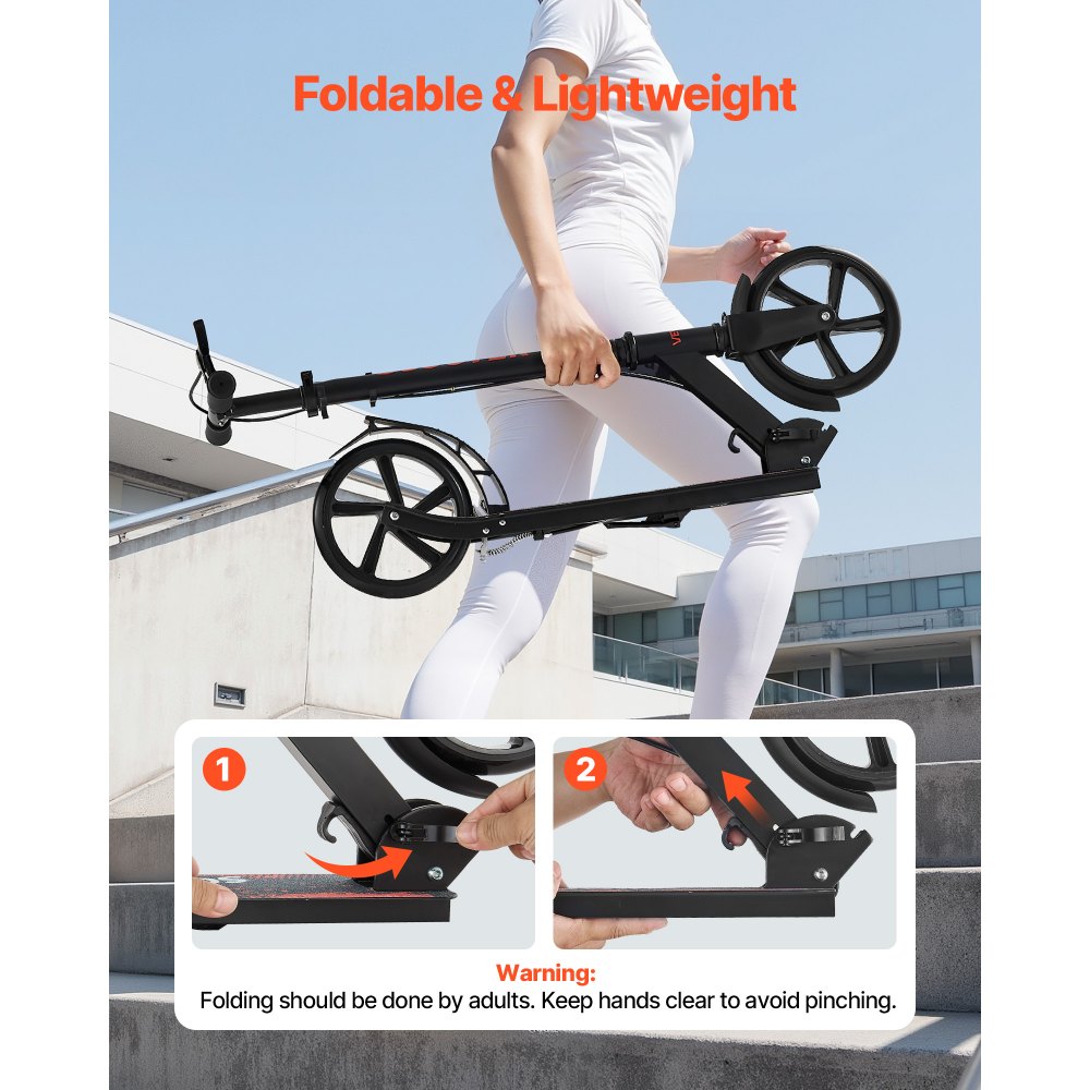 VEVOR Kick Scooter for Kids Ages 8+, Teens & Adults, 2-Wheel Toddler Scooter with Height Adjustable Handlebar, Wide Anti-Slip Deck, Foldable Lightweight Frame for Boys & Girls up to 220 lbs, Black