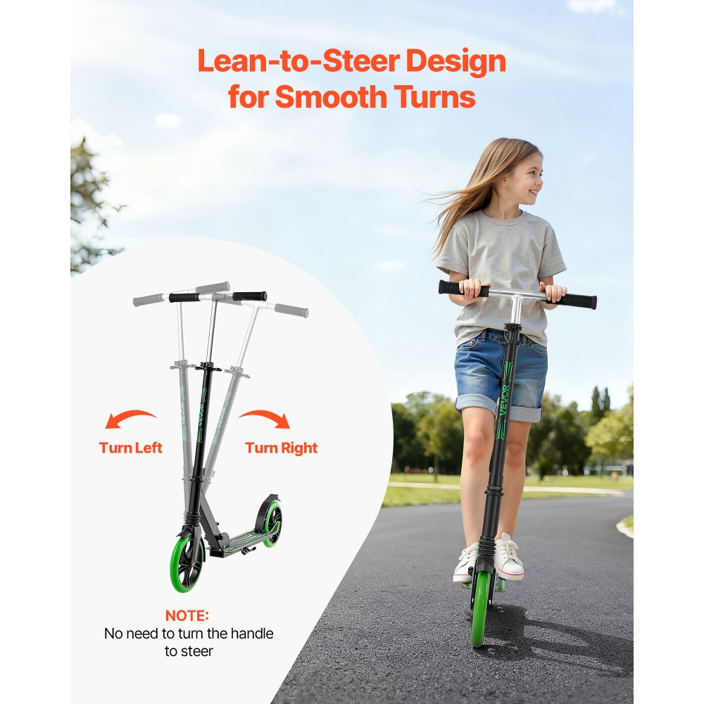 VEVOR Kick Scooter for Kids Ages 8+, Teens & Adults, 2-Wheel Toddler Scooter with Adjustable Height Handlebar, Wide Anti-Slip Deck, Foldable Lightweight for Boys & Girls up to 220 lbs, Black + Green