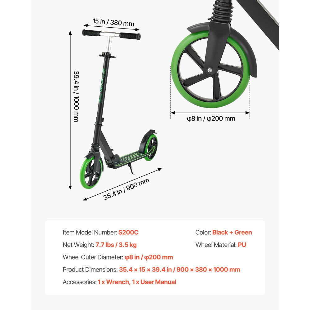 VEVOR Kick Scooter for Kids Ages 8+, Teens & Adults, 2-Wheel Toddler Scooter with Adjustable Height Handlebar, Wide Anti-Slip Deck, Foldable Lightweight for Boys & Girls up to 220 lbs, Black + Green