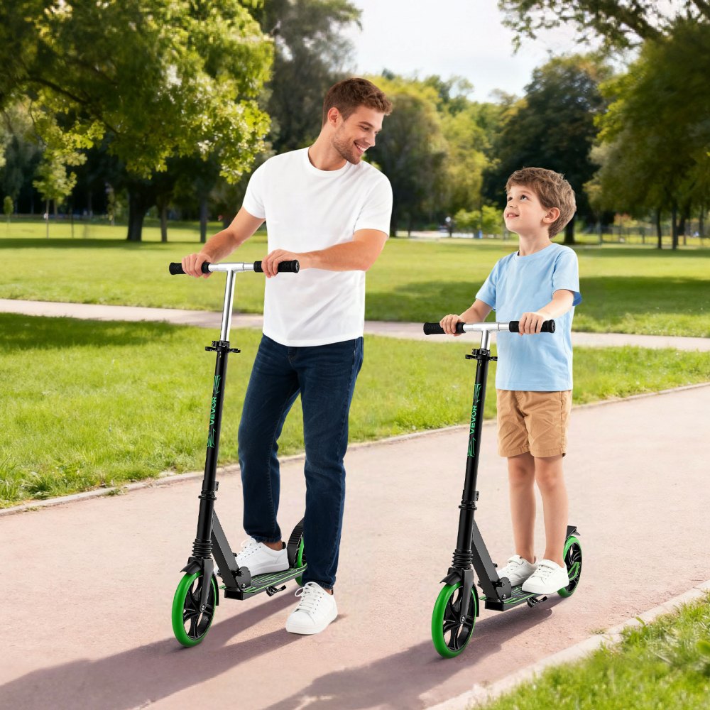 VEVOR Kick Scooter for Kids Ages 8+, Teens & Adults, 2-Wheel Toddler Scooter with Adjustable Height Handlebar, Wide Anti-Slip Deck, Foldable Lightweight for Boys & Girls up to 220 lbs, Black + Green