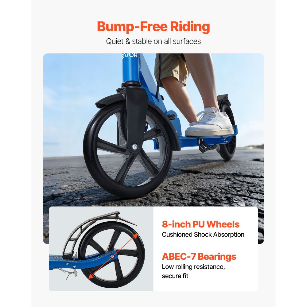 VEVOR Kick Scooter for Kids Ages 8+, Teens & Adults, 2-Wheel Toddler Scooter with Height Adjustable Handlebar, Wide Anti-Slip Deck, Foldable Lightweight for Boys & Girls up to 220 lbs, Black + Blue