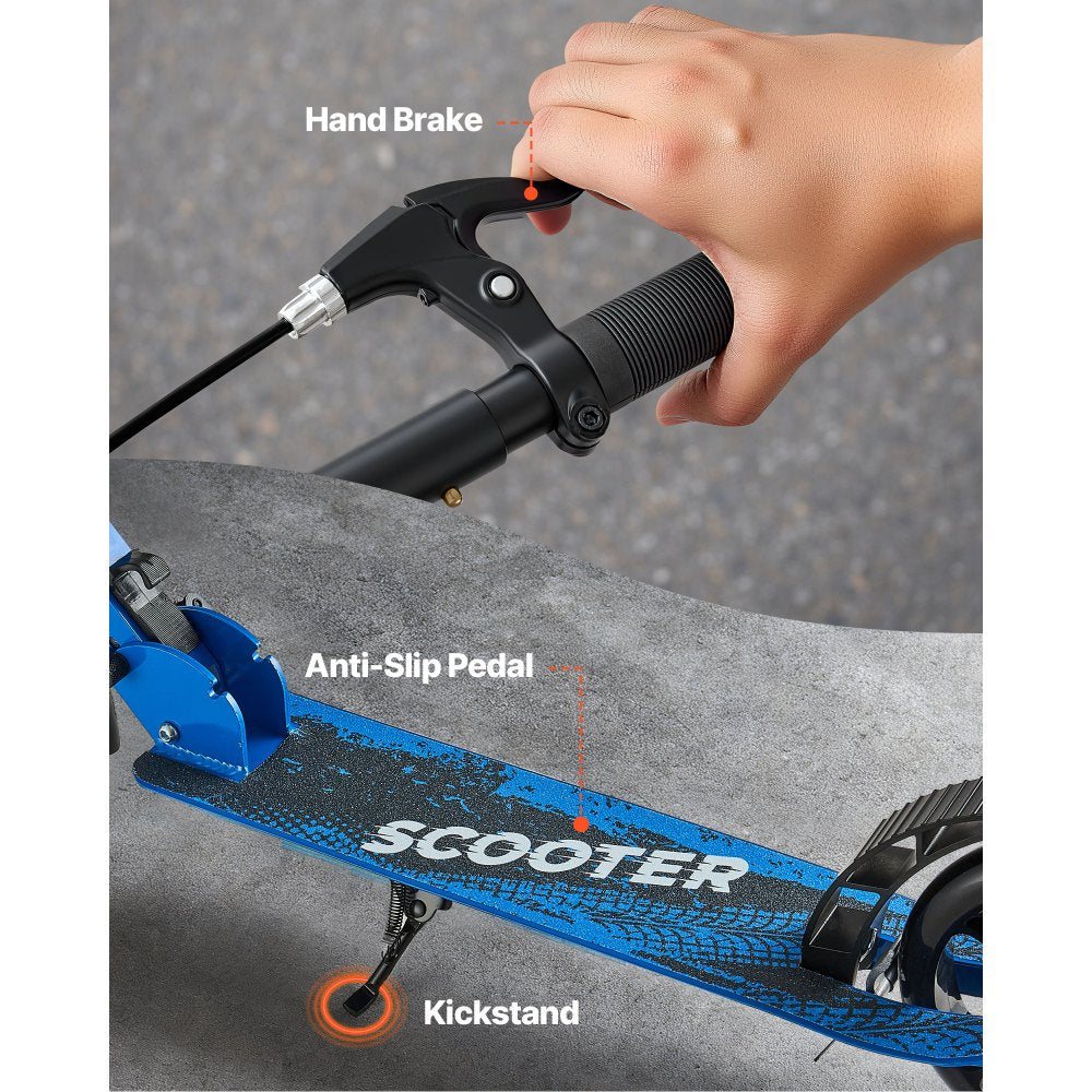 VEVOR Kick Scooter for Kids Ages 8+, Teens & Adults, 2-Wheel Toddler Scooter with Height Adjustable Handlebar, Wide Anti-Slip Deck, Foldable Lightweight for Boys & Girls up to 220 lbs, Black + Blue