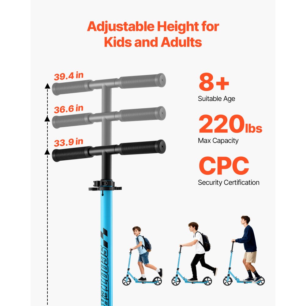 VEVOR Kick Scooter for Kids Ages 8+, Teens & Adults, 2-Wheel Toddler Scooter with Adjustable Height Handlebar, Wide Anti-Slip Deck, Foldable Lightweight for Boys & Girls up to 220 lbs, Blue + Black