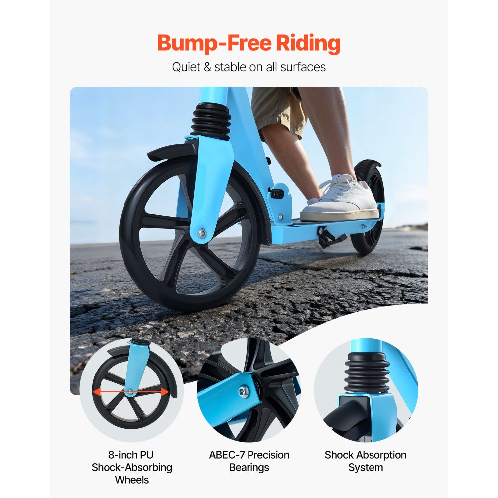 VEVOR Kick Scooter for Kids Ages 8+, Teens & Adults, 2-Wheel Toddler Scooter with Adjustable Height Handlebar, Wide Anti-Slip Deck, Foldable Lightweight for Boys & Girls up to 220 lbs, Blue + Black