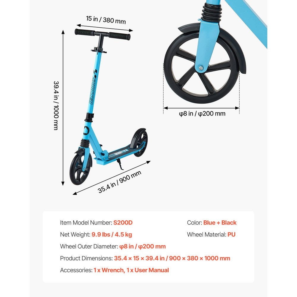VEVOR Kick Scooter for Kids Ages 8+, Teens & Adults, 2-Wheel Toddler Scooter with Adjustable Height Handlebar, Wide Anti-Slip Deck, Foldable Lightweight for Boys & Girls up to 220 lbs, Blue + Black