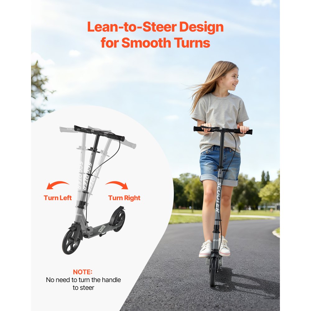VEVOR Kick Scooter for Kids Ages 8+, Teens & Adults, 2-Wheel Toddler Scooter with Adjustable Height Handlebar, Wide Anti-Slip Deck, Foldable Lightweight Frame for Boys & Girls up to 220 lbs, Gray