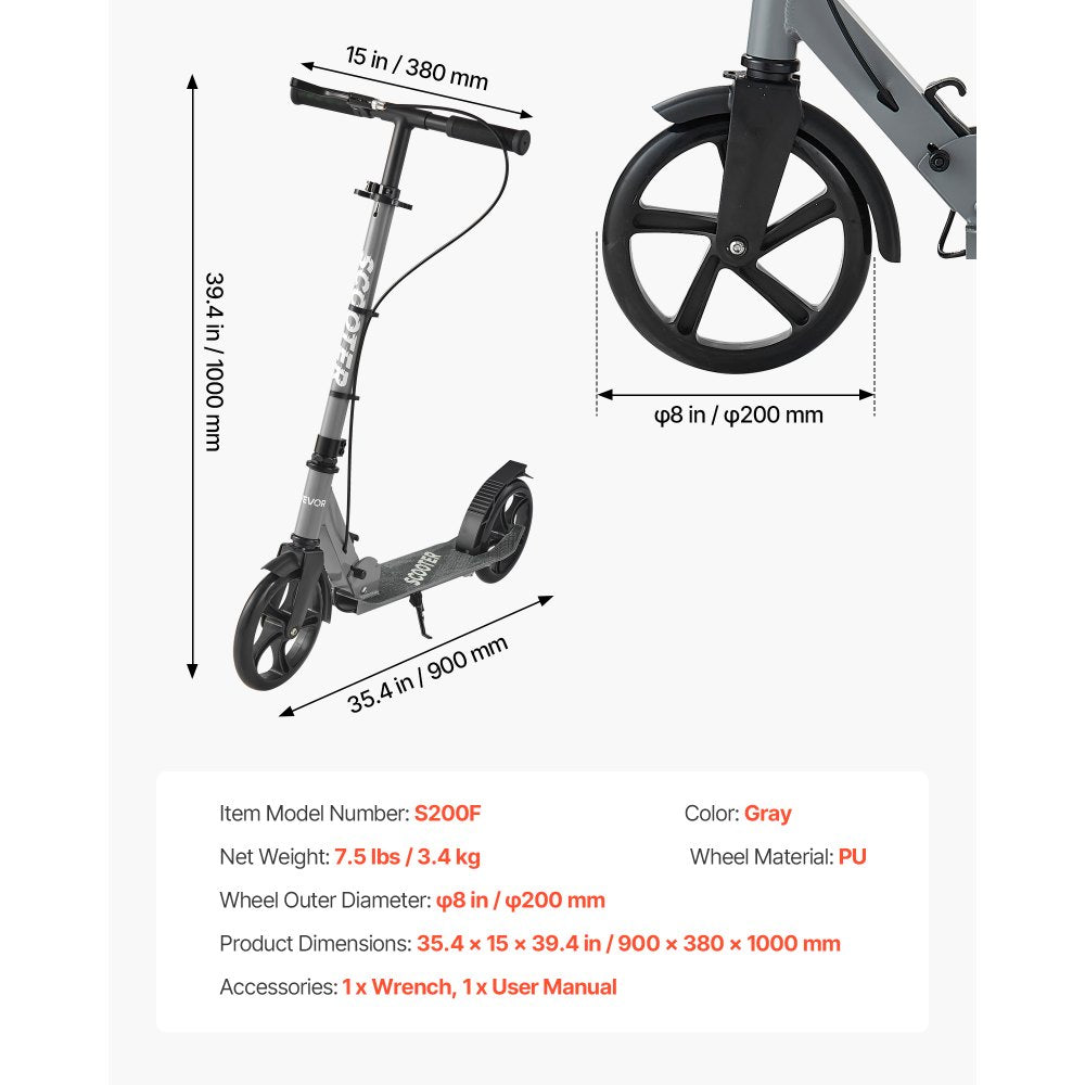 VEVOR Kick Scooter for Kids Ages 8+, Teens & Adults, 2-Wheel Toddler Scooter with Adjustable Height Handlebar, Wide Anti-Slip Deck, Foldable Lightweight Frame for Boys & Girls up to 220 lbs, Gray