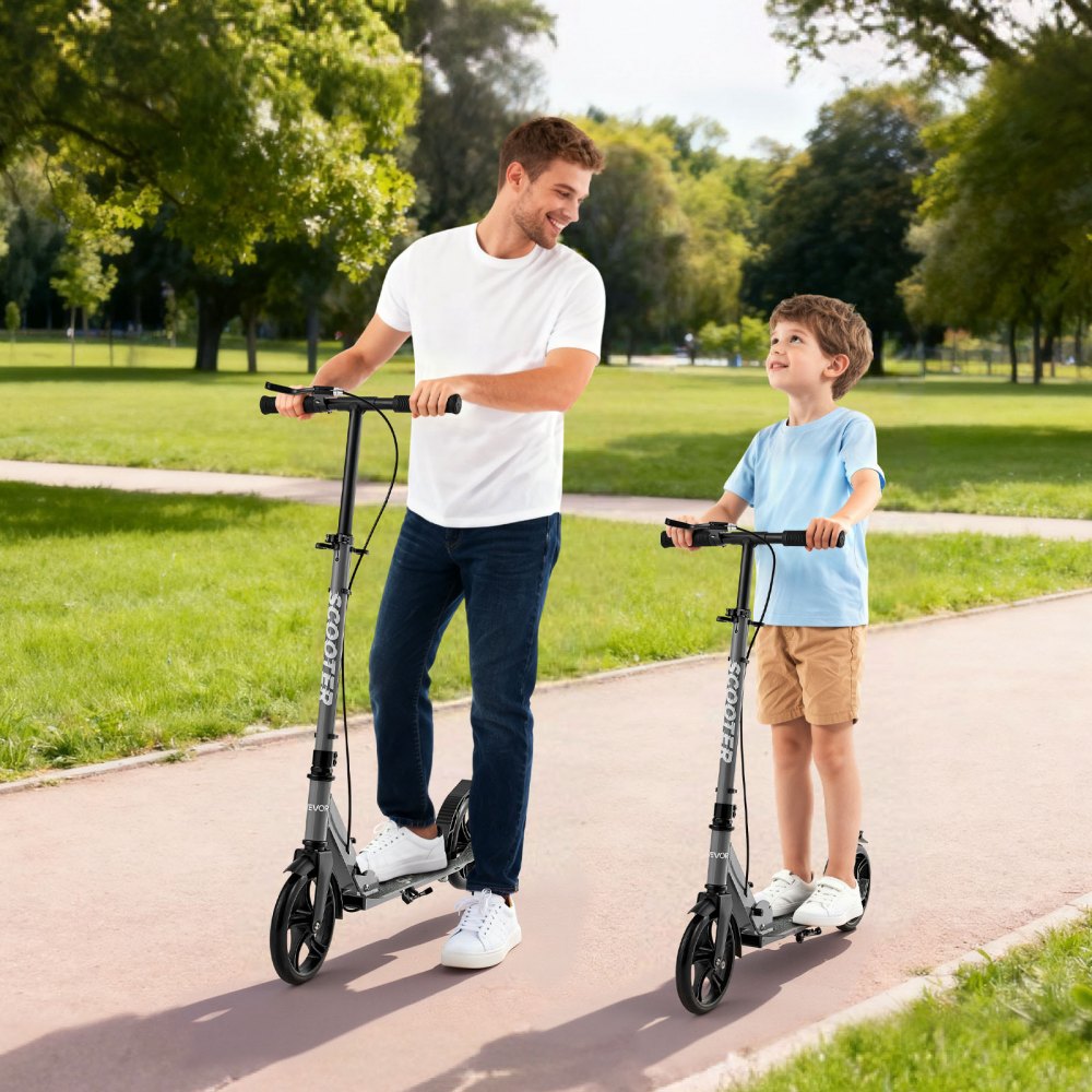 VEVOR Kick Scooter for Kids Ages 8+, Teens & Adults, 2-Wheel Toddler Scooter with Adjustable Height Handlebar, Wide Anti-Slip Deck, Foldable Lightweight Frame for Boys & Girls up to 220 lbs, Gray