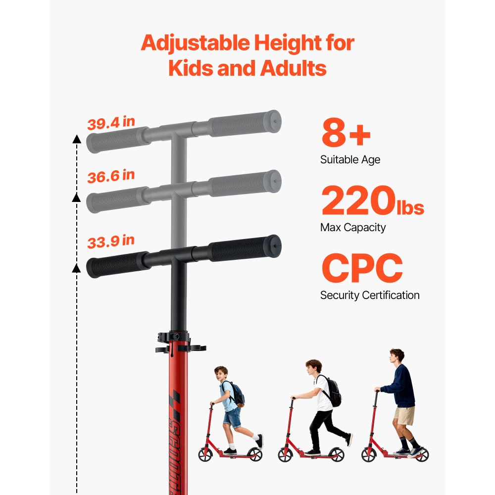 VEVOR Kick Scooter for Kids Ages 8+, Teens & Adults, 2-Wheel Toddler Scooter with Adjustable Height Handlebar, Wide Anti-Slip Deck, Foldable Lightweight for Boys & Girls up to 220 lbs, Red + Black