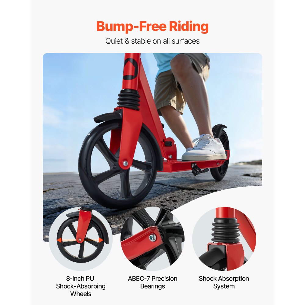 VEVOR Kick Scooter for Kids Ages 8+, Teens & Adults, 2-Wheel Toddler Scooter with Adjustable Height Handlebar, Wide Anti-Slip Deck, Foldable Lightweight for Boys & Girls up to 220 lbs, Red + Black