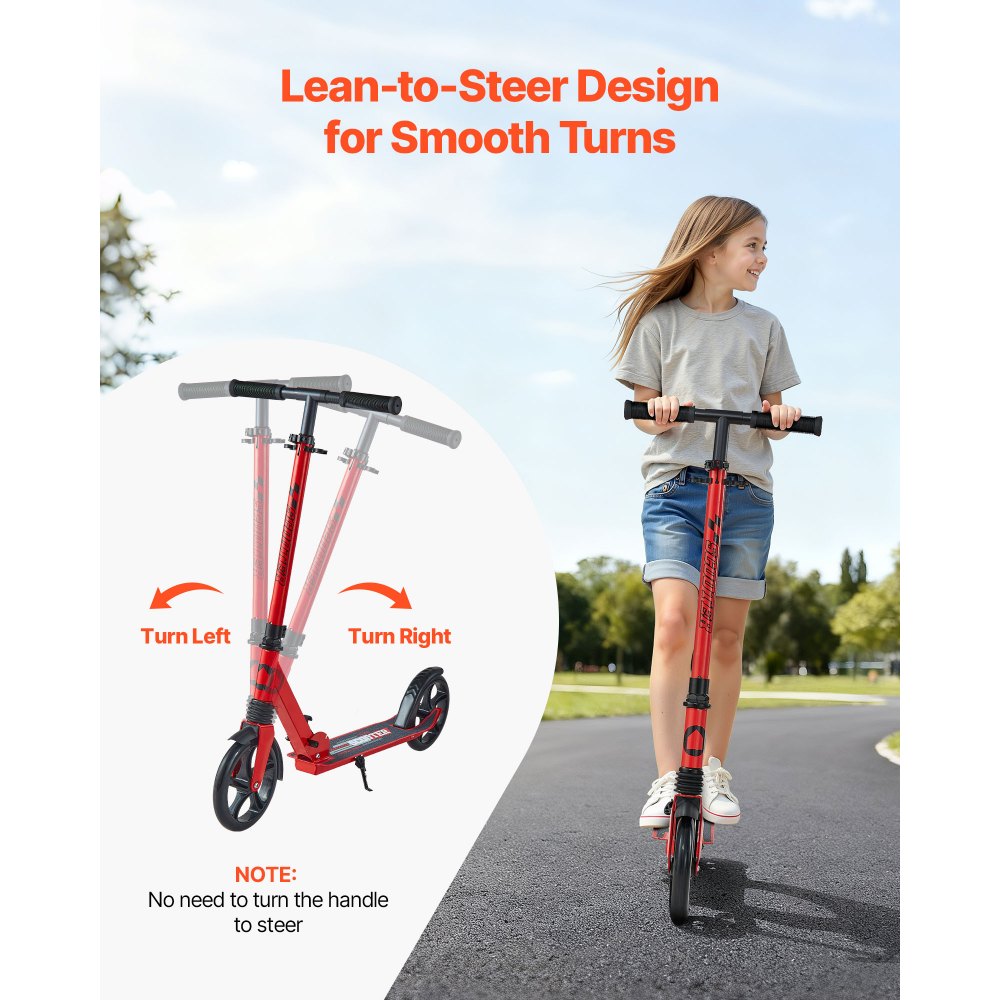 VEVOR Kick Scooter for Kids Ages 8+, Teens & Adults, 2-Wheel Toddler Scooter with Adjustable Height Handlebar, Wide Anti-Slip Deck, Foldable Lightweight for Boys & Girls up to 220 lbs, Red + Black