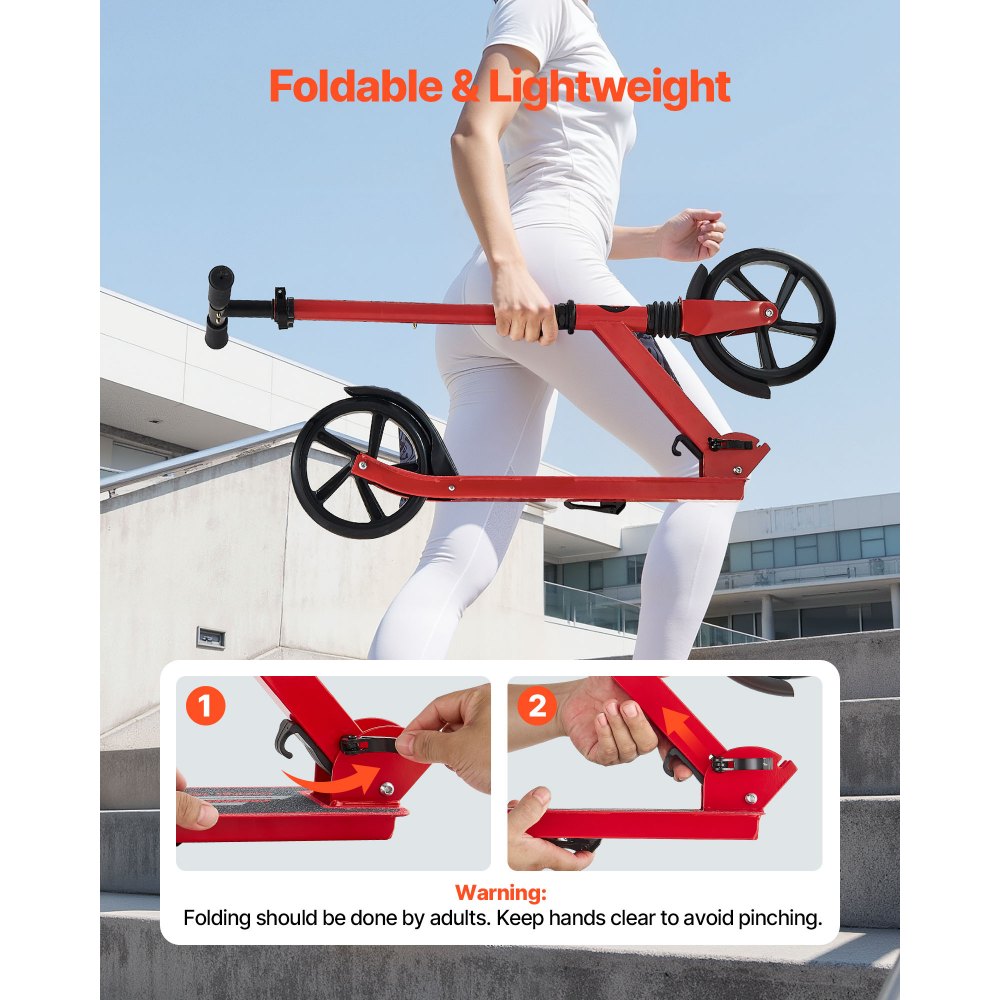 VEVOR Kick Scooter for Kids Ages 8+, Teens & Adults, 2-Wheel Toddler Scooter with Adjustable Height Handlebar, Wide Anti-Slip Deck, Foldable Lightweight for Boys & Girls up to 220 lbs, Red + Black