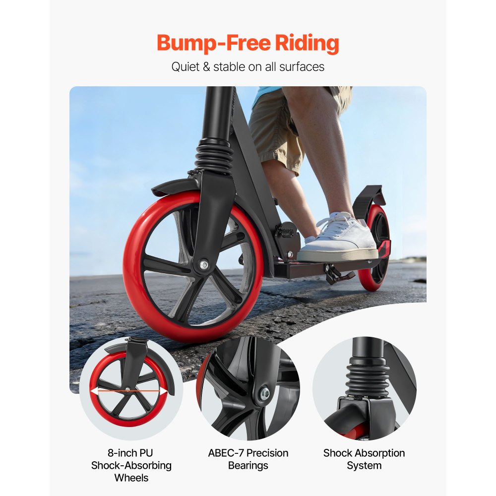 VEVOR Kick Scooter for Kids Ages 8+, Teens & Adults, 2-Wheel Toddler Scooter with Adjustable Height Handlebar, Wide Anti-Slip Deck, Foldable Lightweight for Boys & Girls up to 220 lbs, Black + Red