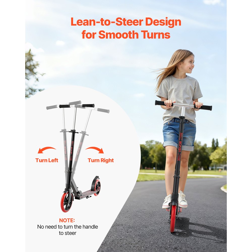 VEVOR Kick Scooter for Kids Ages 8+, Teens & Adults, 2-Wheel Toddler Scooter with Adjustable Height Handlebar, Wide Anti-Slip Deck, Foldable Lightweight for Boys & Girls up to 220 lbs, Black + Red