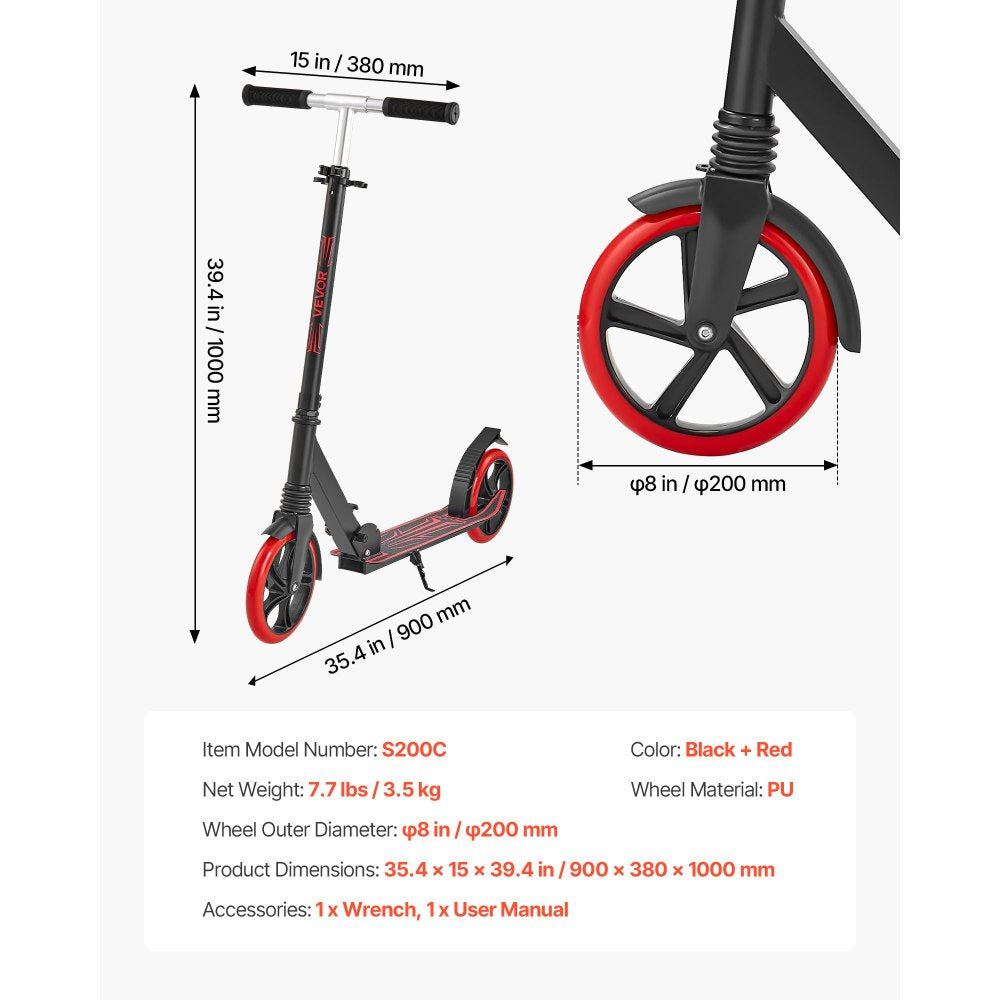 VEVOR Kick Scooter for Kids Ages 8+, Teens & Adults, 2-Wheel Toddler Scooter with Adjustable Height Handlebar, Wide Anti-Slip Deck, Foldable Lightweight for Boys & Girls up to 220 lbs, Black + Red