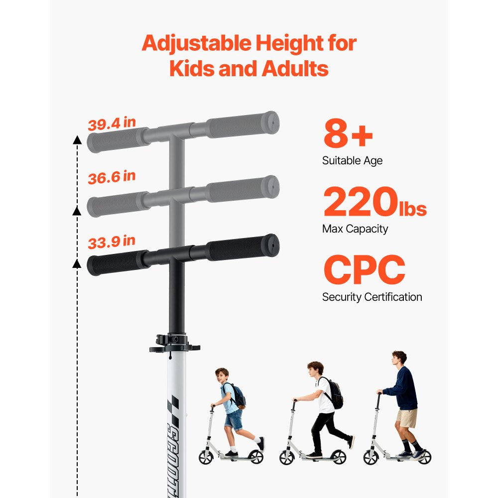 VEVOR Kick Scooter for Kids Ages 8+, Teens & Adults, 2-Wheel Toddler Scooter with Adjustable Height Handlebar, Wide Anti-Slip Deck, Foldable Lightweight for Boys & Girls up to 220 lbs, White + Black
