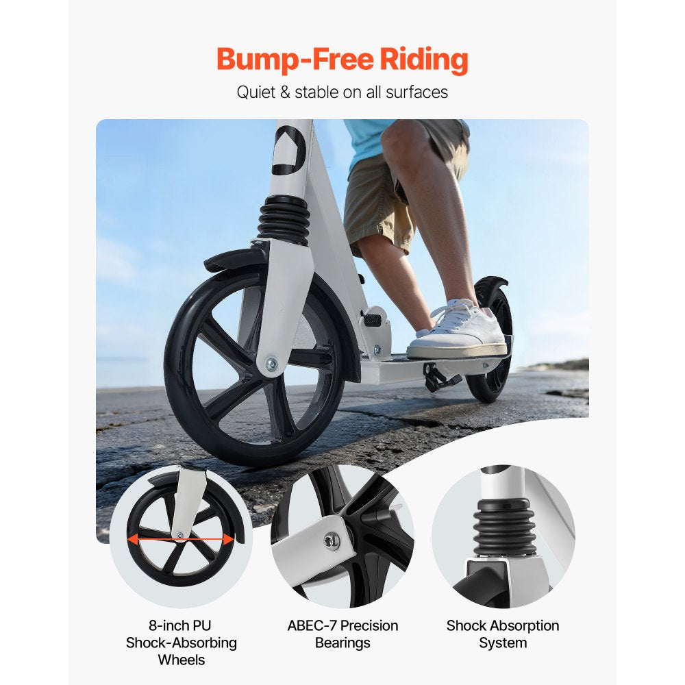 VEVOR Kick Scooter for Kids Ages 8+, Teens & Adults, 2-Wheel Toddler Scooter with Adjustable Height Handlebar, Wide Anti-Slip Deck, Foldable Lightweight for Boys & Girls up to 220 lbs, White + Black