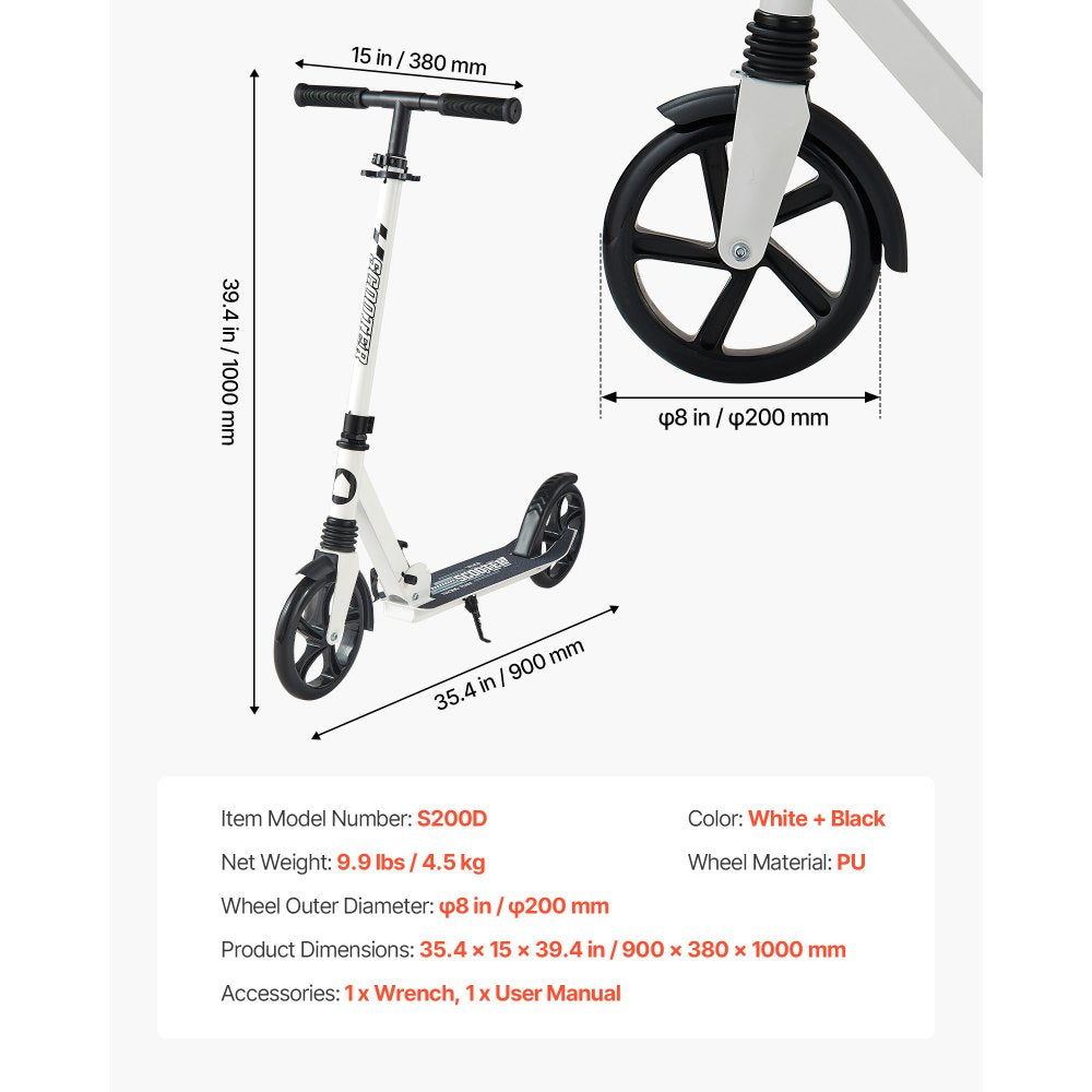 VEVOR Kick Scooter for Kids Ages 8+, Teens & Adults, 2-Wheel Toddler Scooter with Adjustable Height Handlebar, Wide Anti-Slip Deck, Foldable Lightweight for Boys & Girls up to 220 lbs, White + Black
