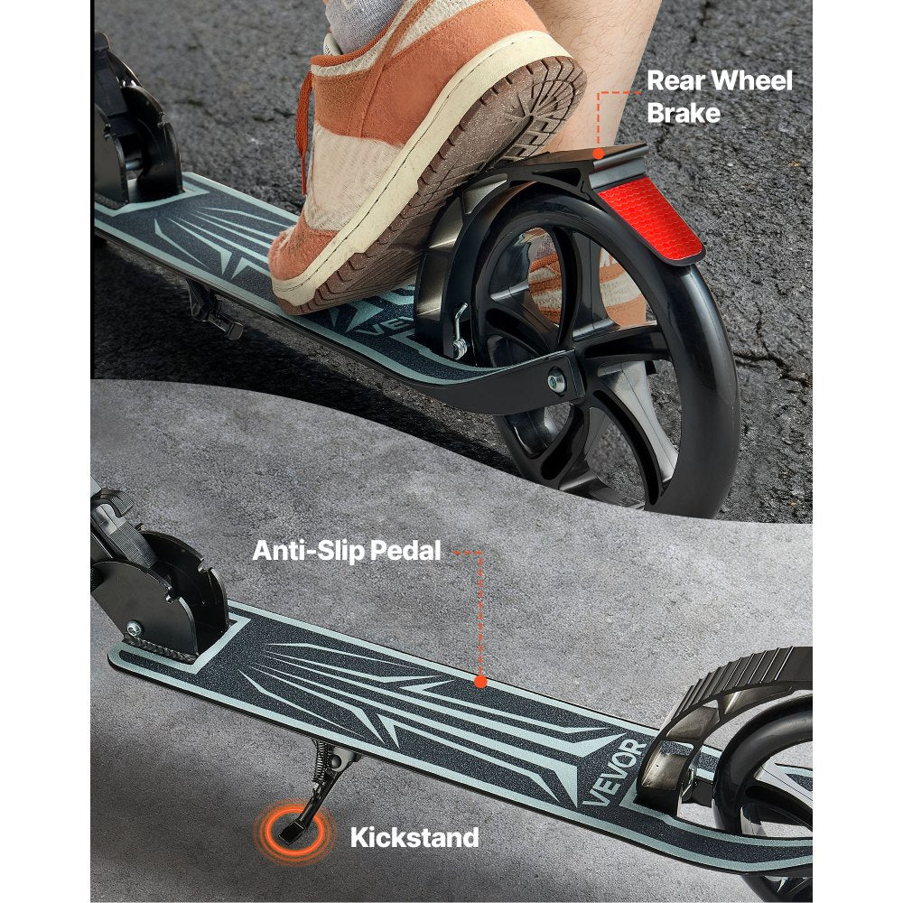 VEVOR Kick Scooter for Kids Ages 8+, Teens & Adults, 2-Wheel Toddler Scooter with Adjustable Height Handlebar, Wide Anti-Slip Deck, Foldable Lightweight Frame for Boys & Girls up to 220 lbs, Black