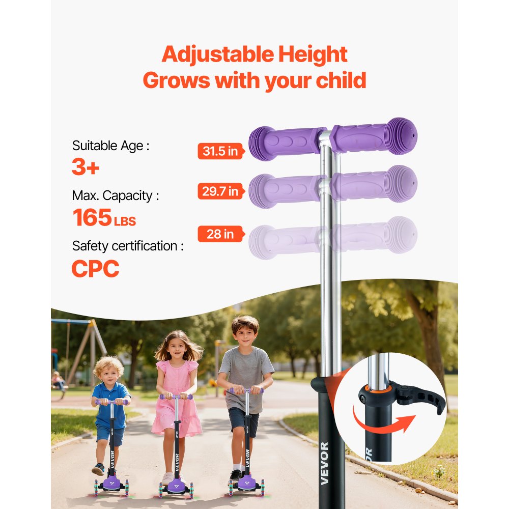 VEVOR Kick Scooter for Kids Ages 3+, 3-Wheel Toddler Scooter with Light-Up Wheels, Adjustable Height Handlebar, Wide Anti-Slip Deck, Lightweight Aluminum Frame for Boys & Girls up to 165 lbs, Purple