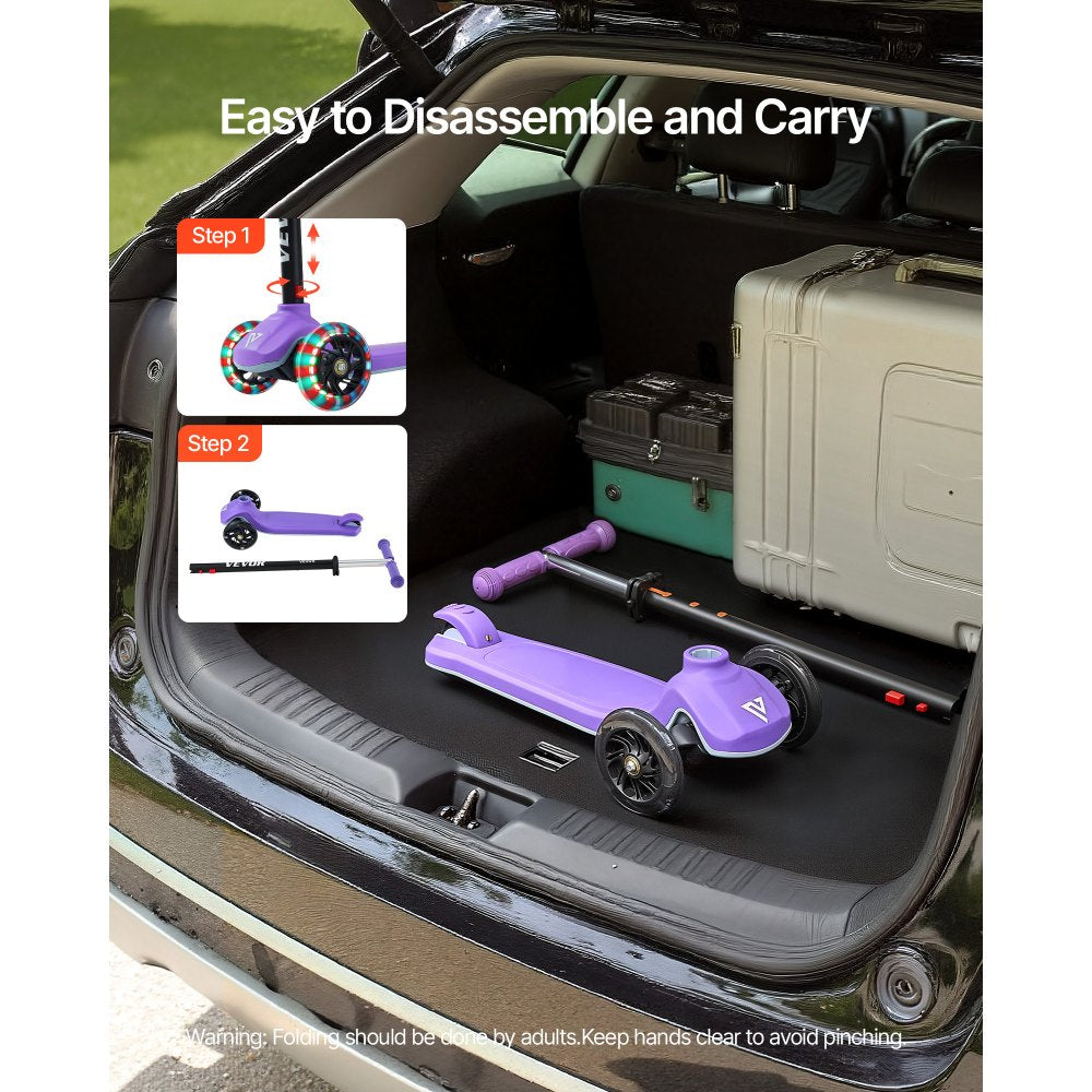 VEVOR Kick Scooter for Kids Ages 3+, 3-Wheel Toddler Scooter with Light-Up Wheels, Adjustable Height Handlebar, Wide Anti-Slip Deck, Lightweight Aluminum Frame for Boys & Girls up to 165 lbs, Purple