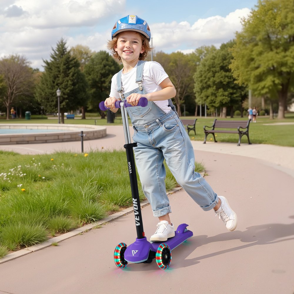VEVOR Kick Scooter for Kids Ages 3+, 3-Wheel Toddler Scooter with Light-Up Wheels, Adjustable Height Handlebar, Wide Anti-Slip Deck, Lightweight Aluminum Frame for Boys & Girls up to 165 lbs, Purple