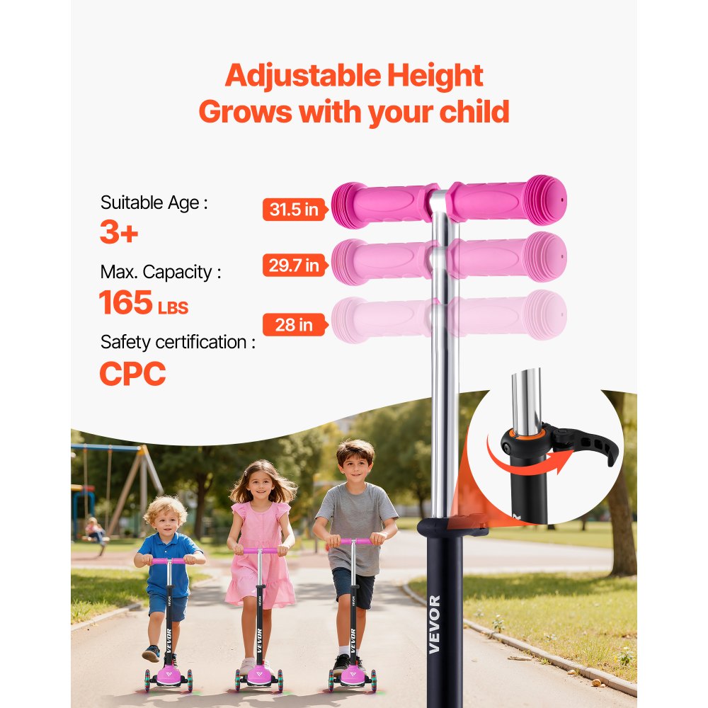 VEVOR Kick Scooter for Kids Ages 3+, 3-Wheel Toddler Scooter with Light-Up Wheels, Adjustable Height Handlebar, Wide Anti-Slip Deck, Lightweight Aluminum Frame for Boys & Girls up to 165 lbs, Pink
