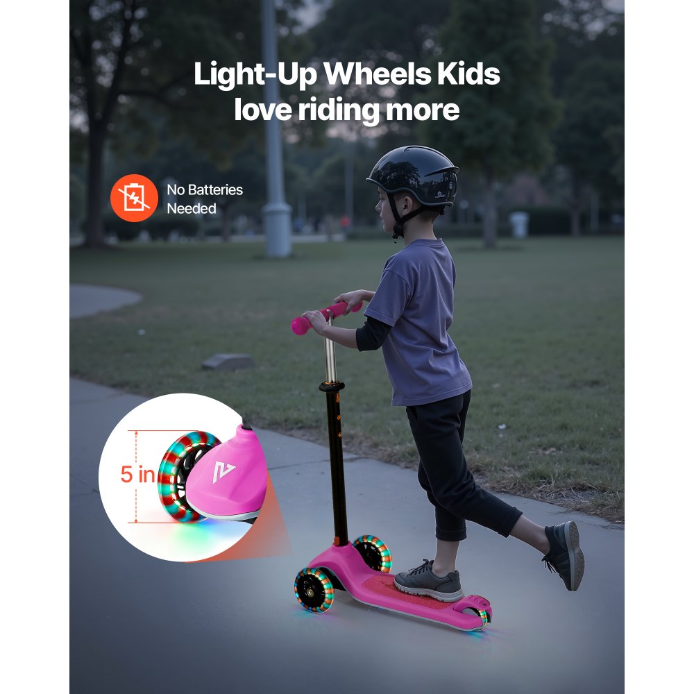 VEVOR Kick Scooter for Kids Ages 3+, 3-Wheel Toddler Scooter with Light-Up Wheels, Adjustable Height Handlebar, Wide Anti-Slip Deck, Lightweight Aluminum Frame for Boys & Girls up to 165 lbs, Pink