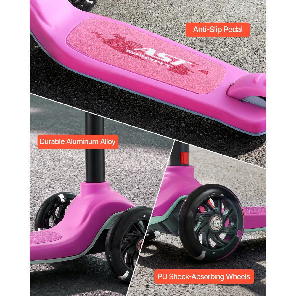 VEVOR Kick Scooter for Kids Ages 3+, 3-Wheel Toddler Scooter with Light-Up Wheels, Adjustable Height Handlebar, Wide Anti-Slip Deck, Lightweight Aluminum Frame for Boys & Girls up to 165 lbs, Pink
