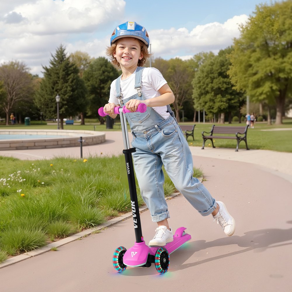 VEVOR Kick Scooter for Kids Ages 3+, 3-Wheel Toddler Scooter with Light-Up Wheels, Adjustable Height Handlebar, Wide Anti-Slip Deck, Lightweight Aluminum Frame for Boys & Girls up to 165 lbs, Pink