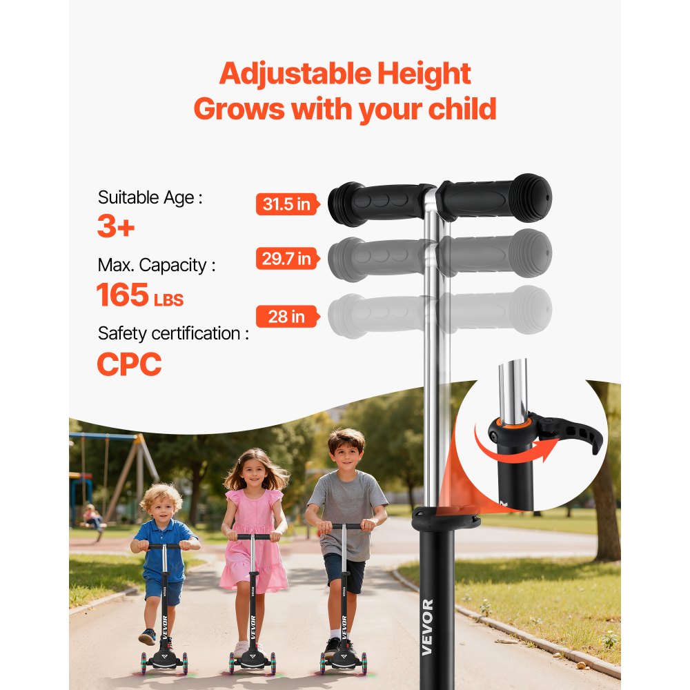 VEVOR Kick Scooter for Kids Ages 3+, 3-Wheel Toddler Scooter with Light-Up Wheels, Adjustable Height Handlebar, Wide Anti-Slip Deck, Lightweight Aluminum Frame for Boys & Girls up to 165 lbs, Black
