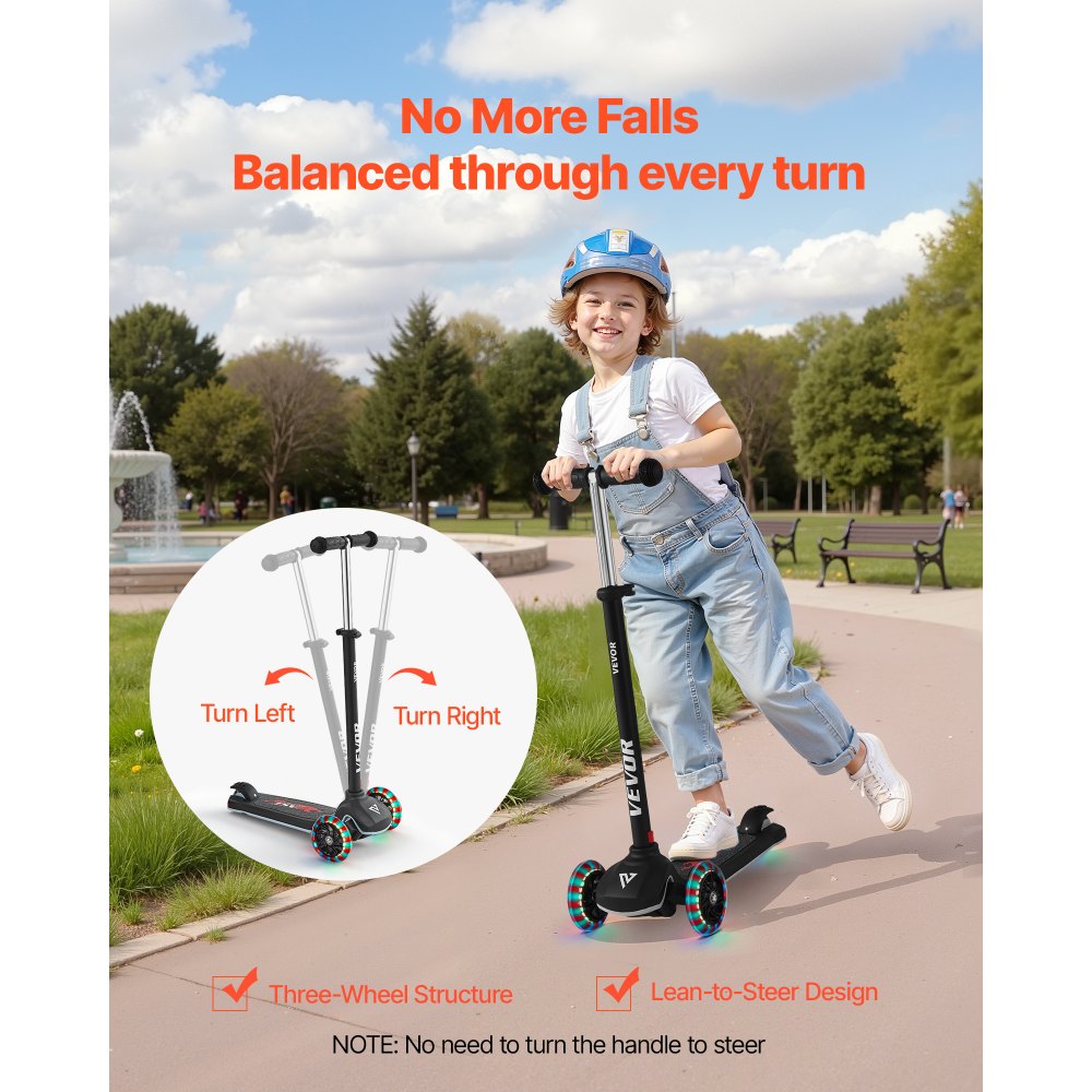 VEVOR Kick Scooter for Kids Ages 3+, 3-Wheel Toddler Scooter with Light-Up Wheels, Adjustable Height Handlebar, Wide Anti-Slip Deck, Lightweight Aluminum Frame for Boys & Girls up to 165 lbs, Black